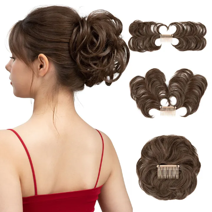 Women's Synthetic Curly Hair Bun Extension with Clip + Wavy Side Hair Pieces Set, Voluminous Messy Bun Hairpiece & Side Hair Extensions for Easy Quick Updo Styling, Hair Accessories for Daily Wear
