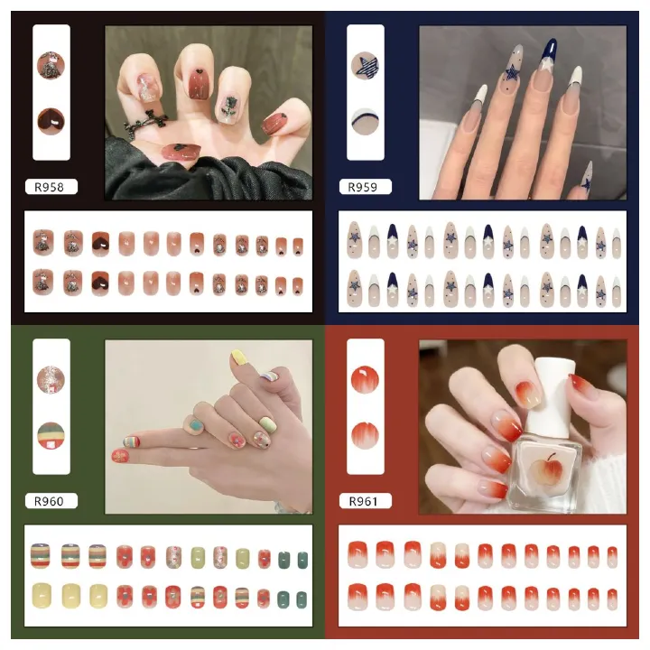 Ms.Miemie 24pcs Fake Nails Reusable Stick On Nails Press on Full Cover False Nail Tips with Jelly Stickers Makeup Accessorise