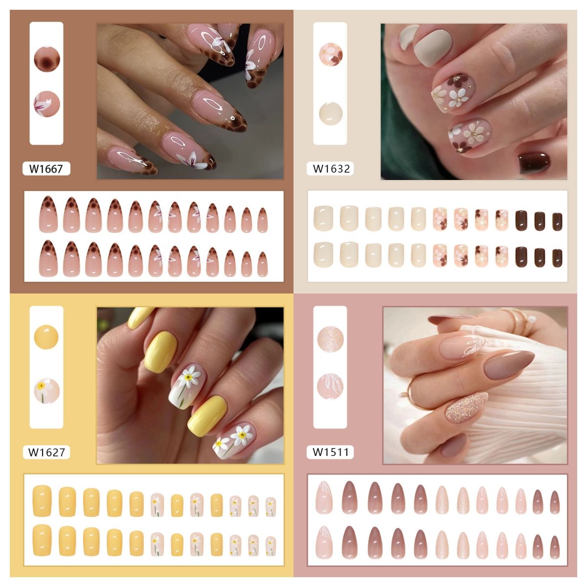 Ms.Miemie 24pcs Fake Nails Reusable Stick On Nails Press on Full Cover False Nail Tips with Jelly Stickers Makeup Accessorise