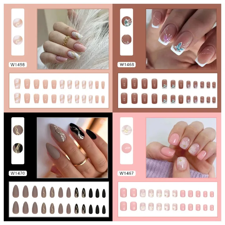 Ms.Miemie 24pcs Fake Nails Reusable Stick On Nails Press on Full Cover False Nail Tips with Jelly Stickers Makeup Accessorise