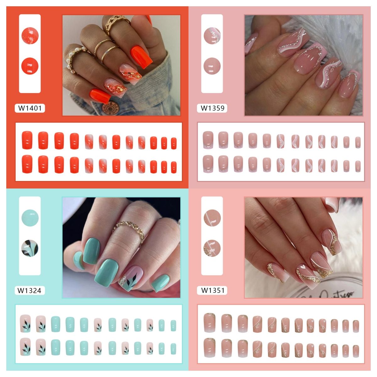 Ms.Miemie 24pcs Fake Nails Reusable Stick On Nails Press on Full Cover False Nail Tips with Jelly Stickers Makeup Accessorise