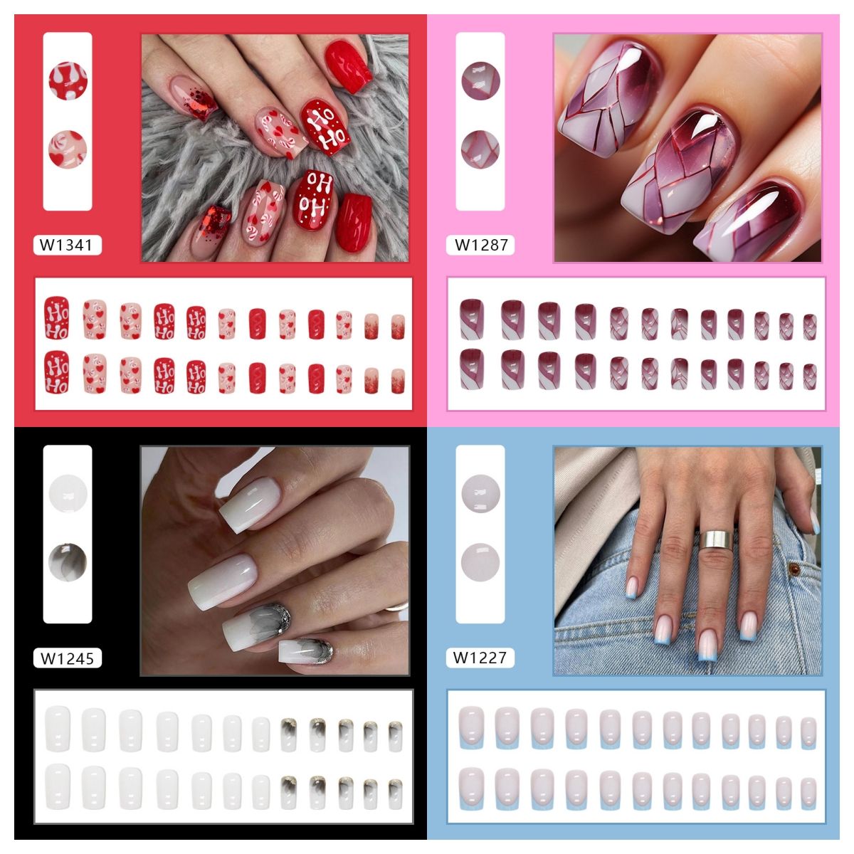 Ms.Miemie 24pcs Fake Nails Reusable Stick On Nails Press on Full Cover False Nail Tips with Jelly Stickers Makeup Accessorise
