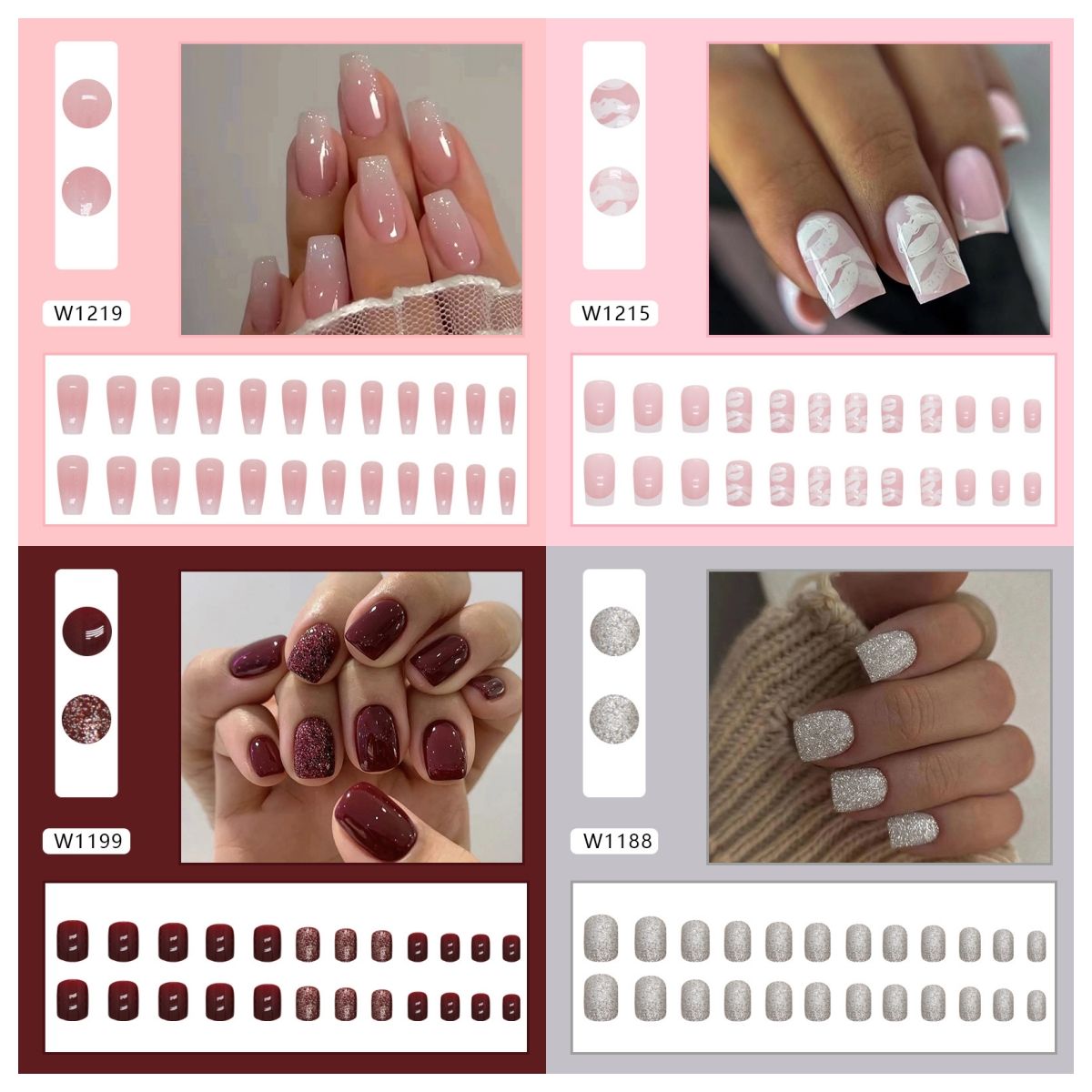 Ms.Miemie 24pcs Fake Nails Reusable Stick On Nails Press on Full Cover False Nail Tips with Jelly Stickers Makeup Accessorise