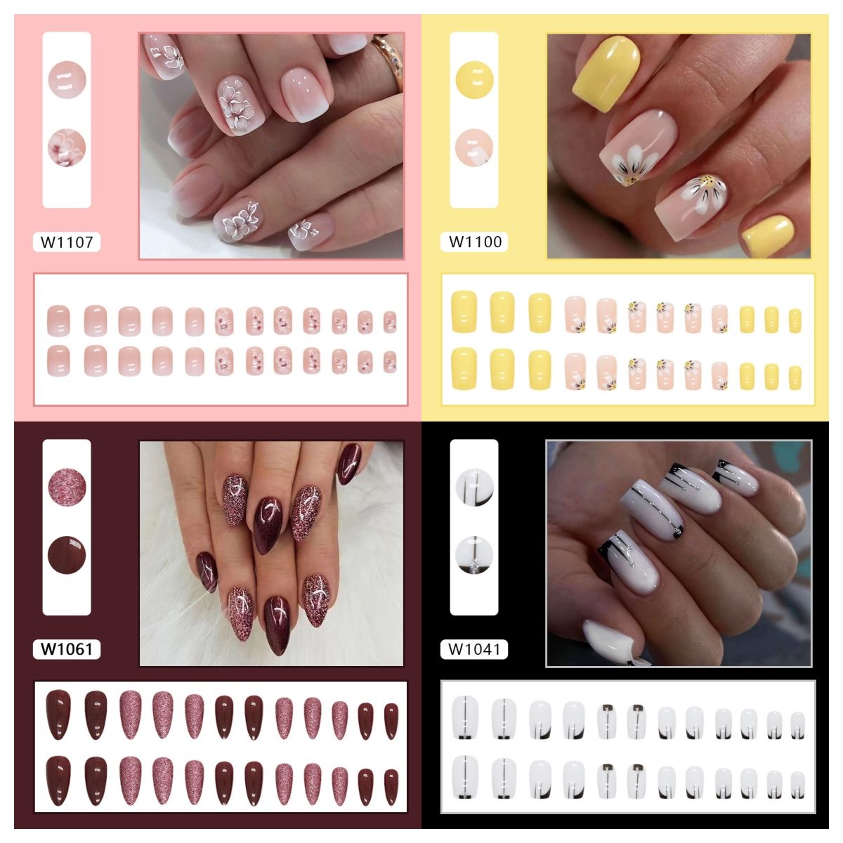 Ms.Miemie 24pcs Fake Nails Reusable Stick On Nails Press on Full Cover False Nail Tips with Jelly Stickers Makeup Accessorise