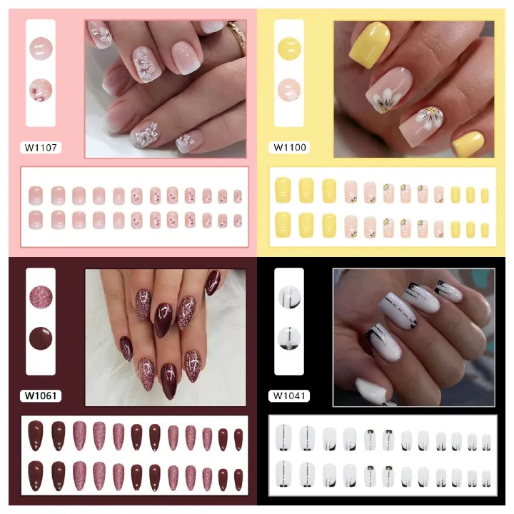 Ms.Miemie 24pcs Fake Nails Reusable Stick On Nails Press on Full Cover False Nail Tips with Jelly Stickers Makeup Accessorise