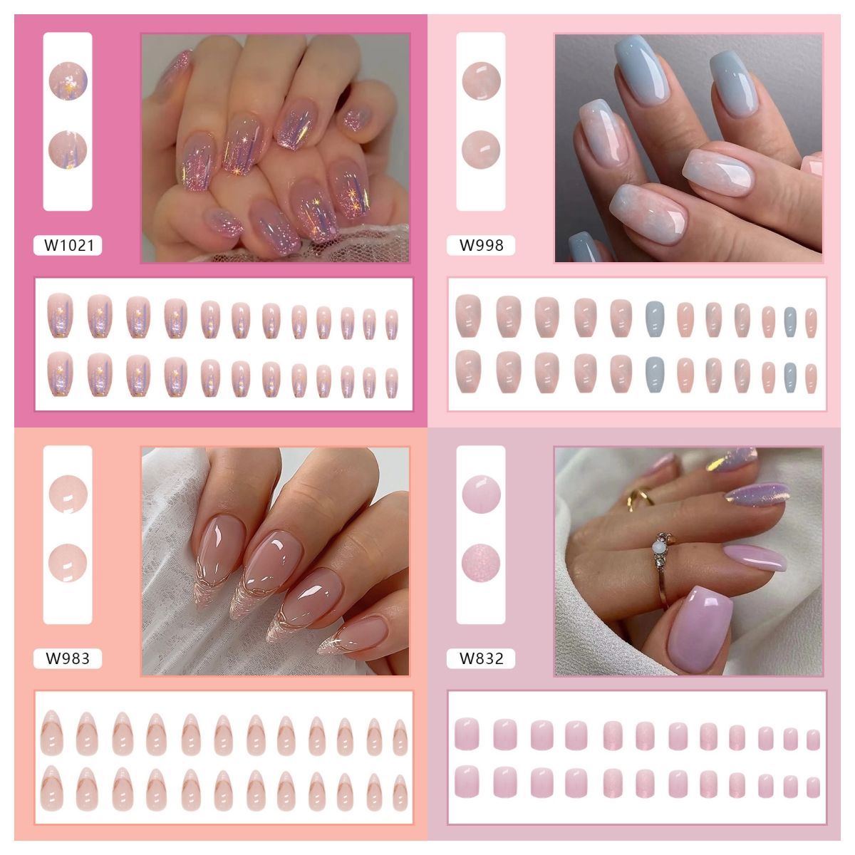 Ms.Miemie 24pcs Fake Nails Reusable Stick On Nails Press on Full Cover False Nail Tips with Jelly Stickers Makeup Accessorise