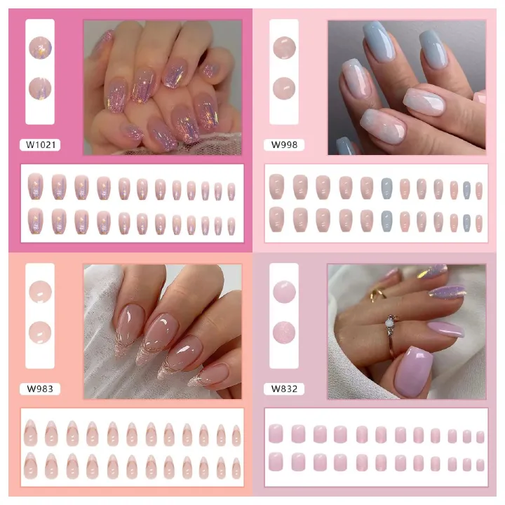 Ms.Miemie 24pcs Fake Nails Reusable Stick On Nails Press on Full Cover False Nail Tips with Jelly Stickers Makeup Accessorise