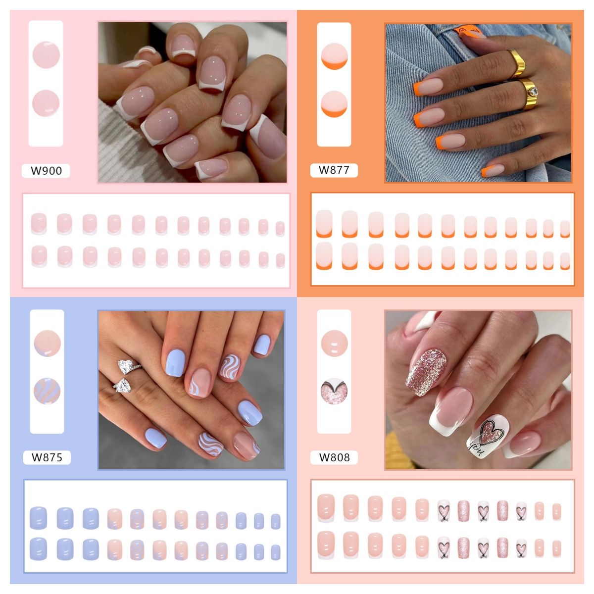 Ms.Miemie 24pcs Fake Nails Reusable Stick On Nails Press on Full Cover False Nail Tips with Jelly Stickers Makeup Accessorise
