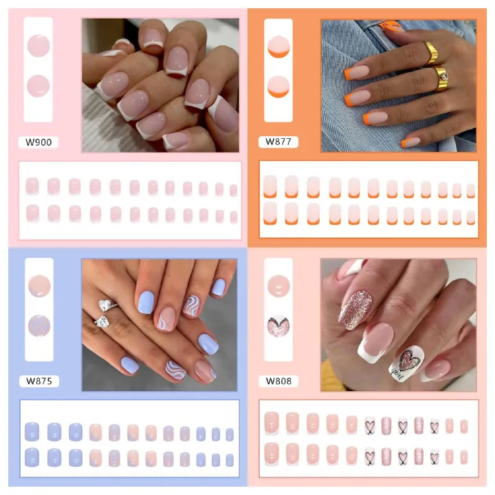 Ms.Miemie 24pcs Fake Nails Reusable Stick On Nails Press on Full Cover False Nail Tips with Jelly Stickers Makeup Accessorise