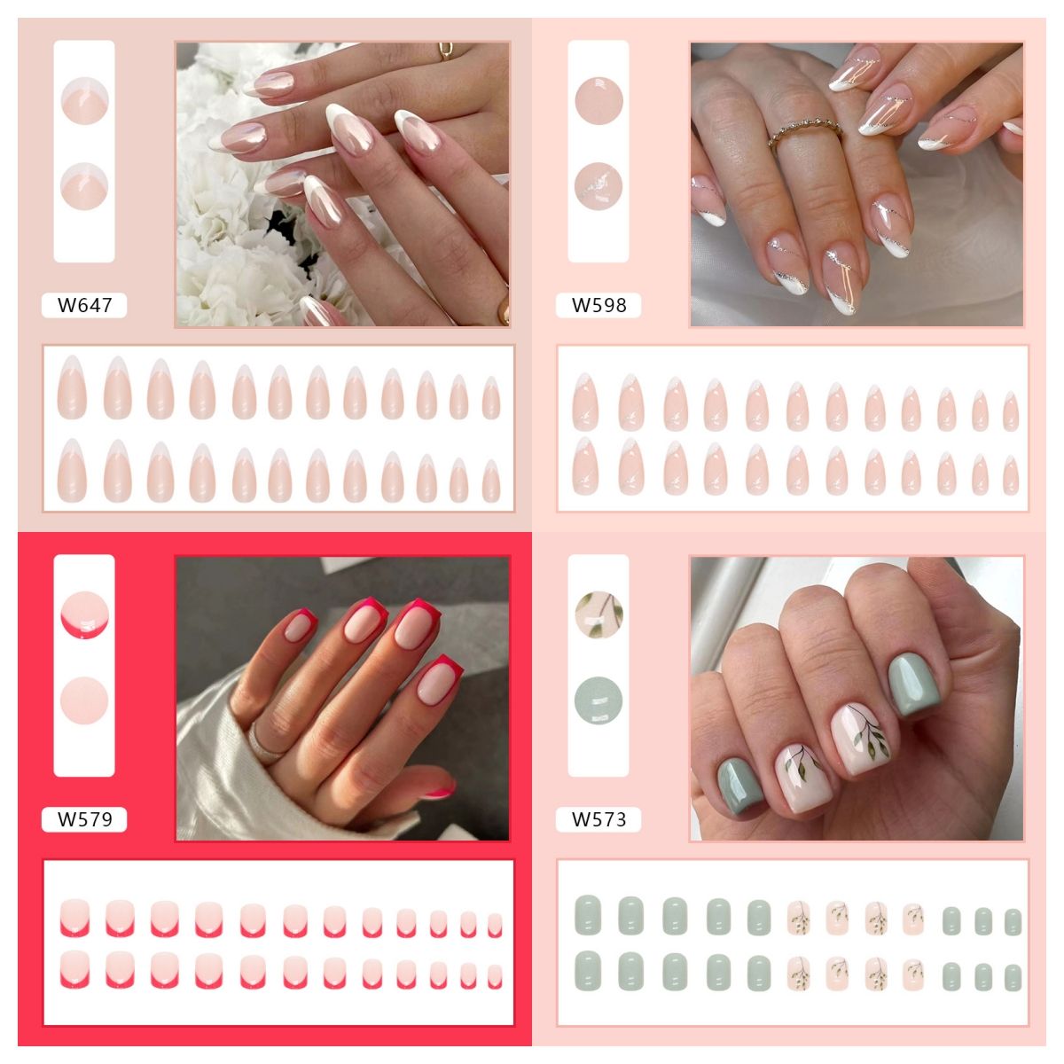 Ms.Miemie 24pcs Fake Nails Reusable Stick On Nails Press on Full Cover False Nail Tips with Jelly Stickers Makeup Accessorise