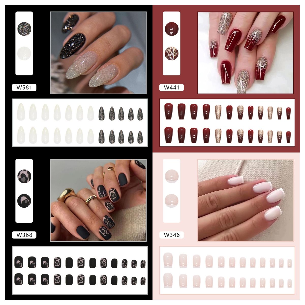 Ms.Miemie 24pcs Fake Nails Reusable Stick On Nails Press on Full Cover False Nail Tips with Jelly Stickers Makeup Accessorise
