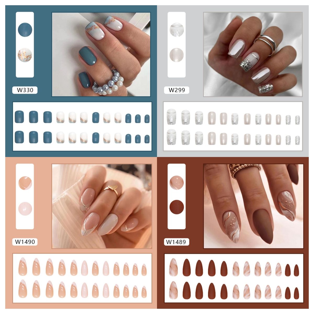 Ms.Miemie 24pcs Fake Nails Reusable Stick On Nails Press on Full Cover False Nail Tips with Jelly Stickers Makeup Accessorise