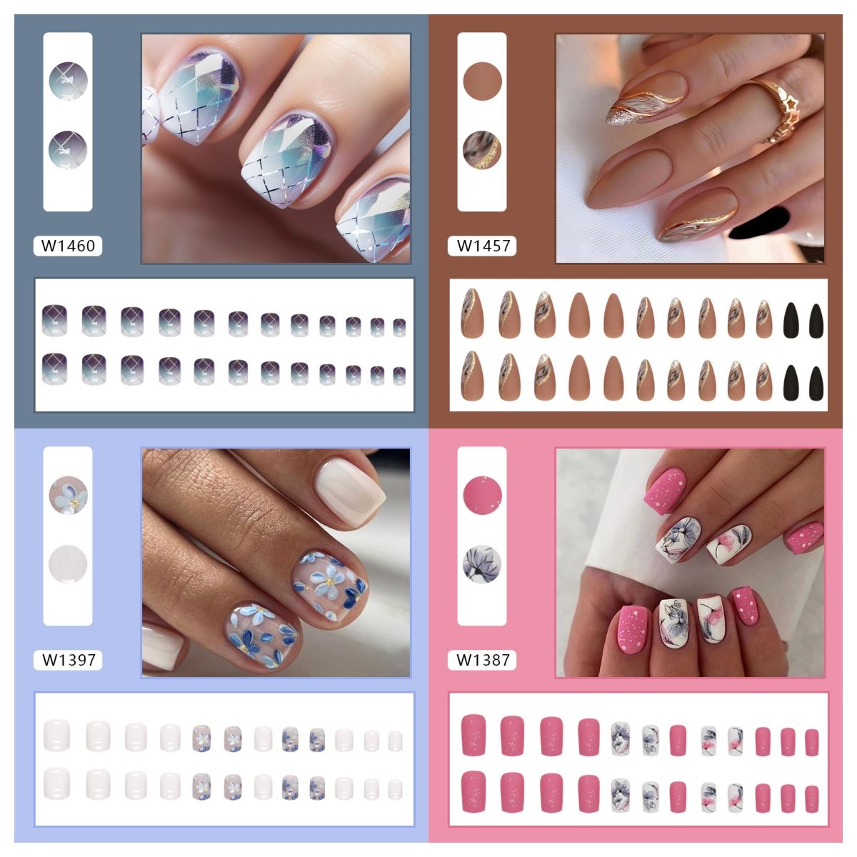 Ms.Miemie 24pcs Fake Nails Reusable Stick On Nails Press on Full Cover False Nail Tips with Jelly Stickers Makeup Accessorise