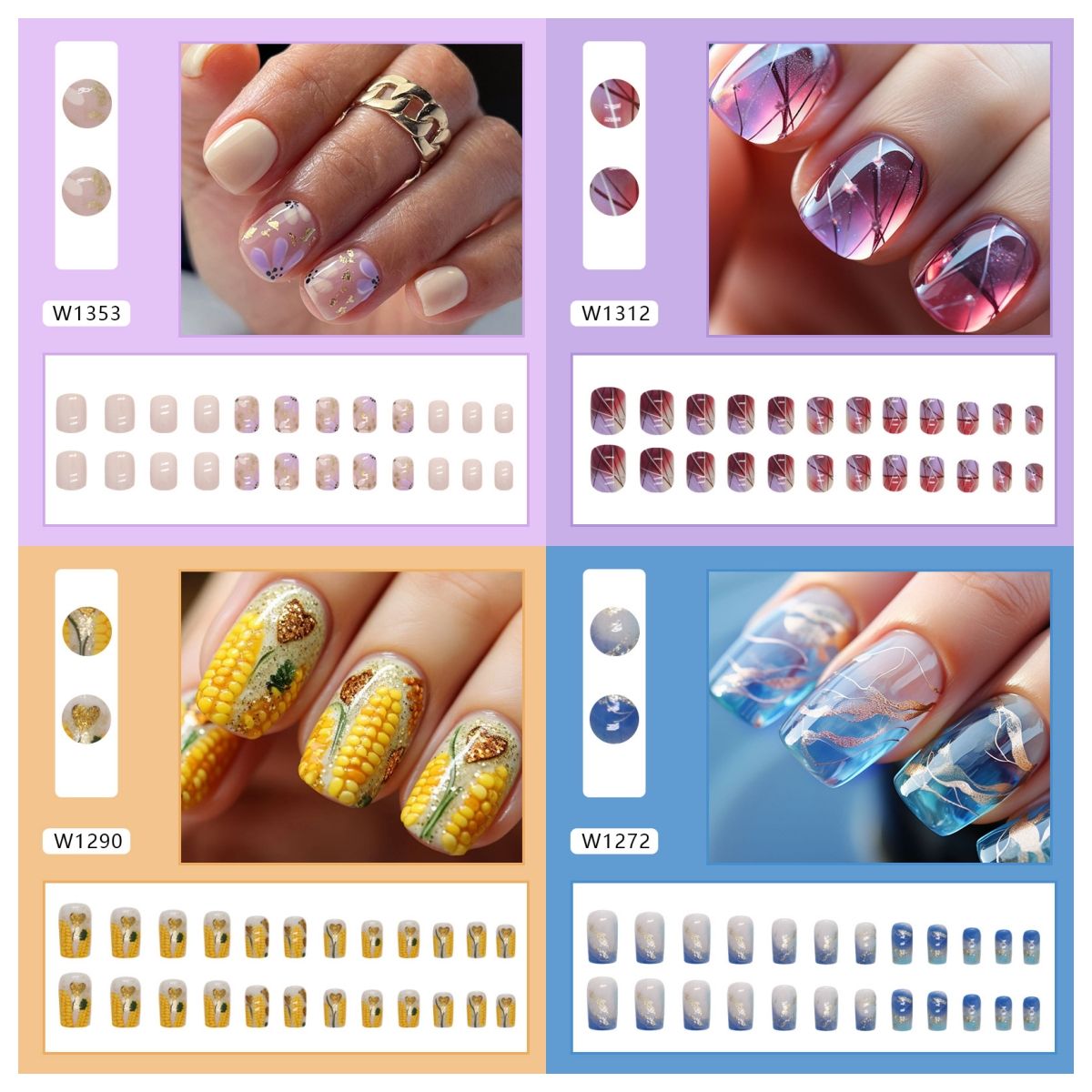Ms.Miemie 24pcs Fake Nails Reusable Stick On Nails Press on Full Cover False Nail Tips with Jelly Stickers Makeup Accessorise