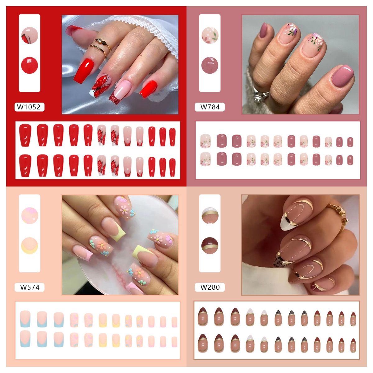 Ms.Miemie 24pcs Fake Nails Reusable Stick On Nails Press on Full Cover False Nail Tips with Jelly Stickers Makeup Accessorise