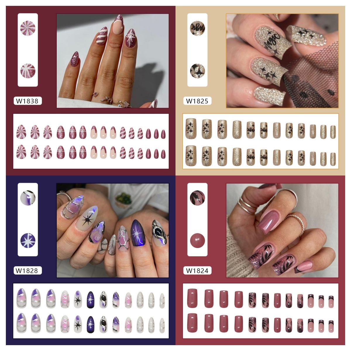 Ms.Miemie 24pcs Fake Nails Reusable Stick On Nails Press on Full Cover False Nail Tips with Jelly Stickers Makeup Accessorise