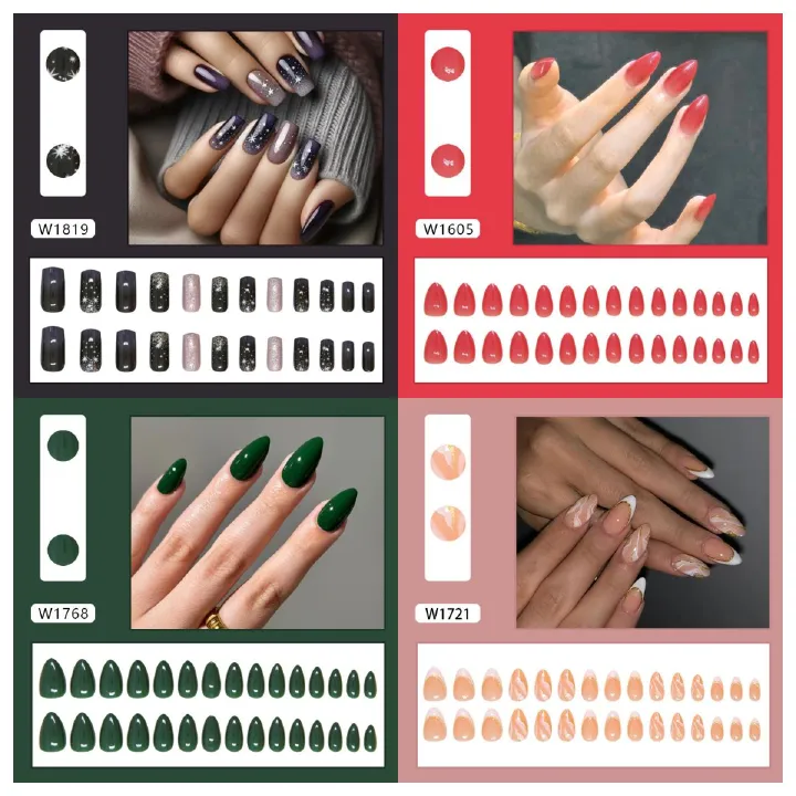 Ms.Miemie 24pcs Fake Nails Reusable Stick On Nails Press on Full Cover False Nail Tips with Jelly Stickers Makeup Accessorise
