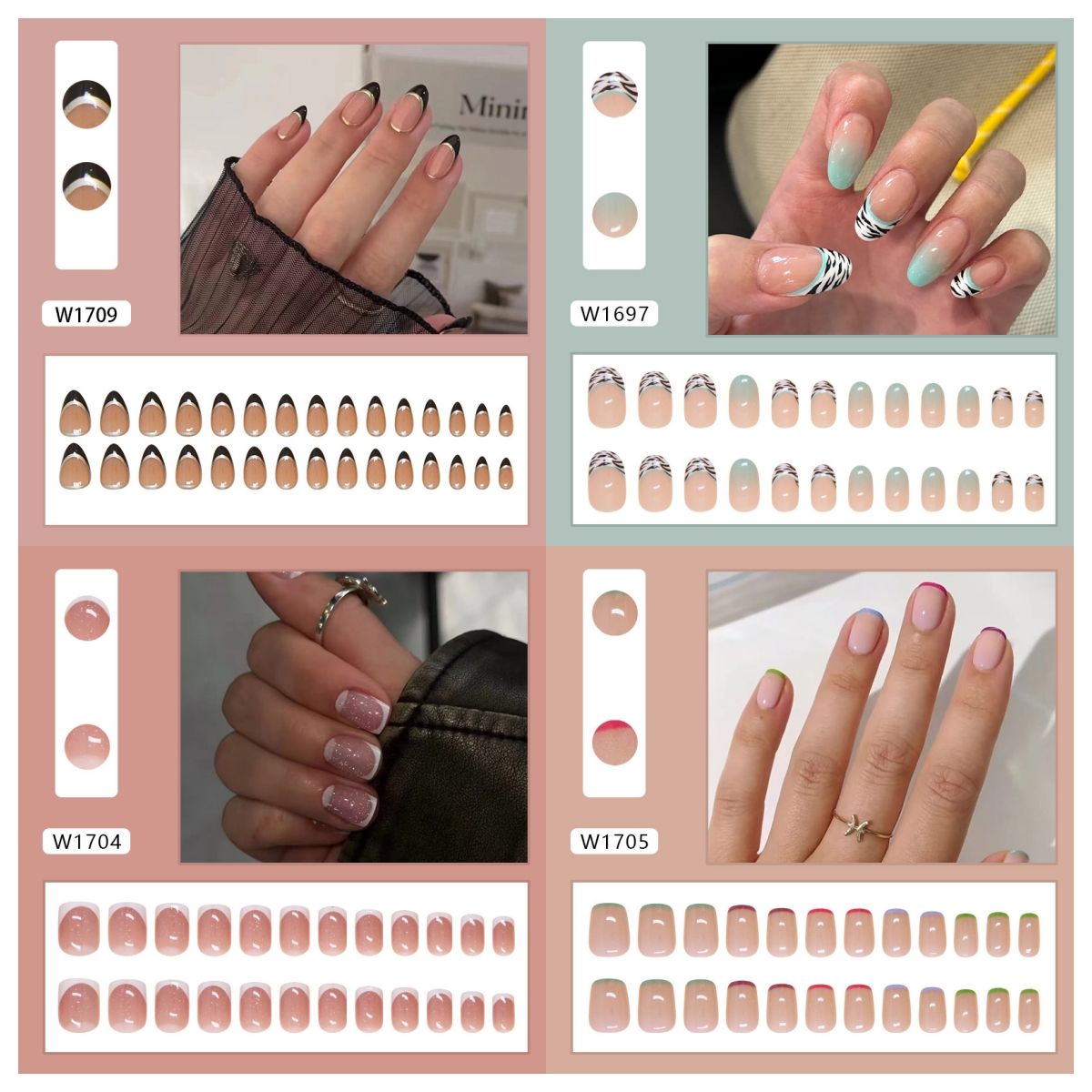 Ms.Miemie 24pcs Fake Nails Reusable Stick On Nails Press on Full Cover False Nail Tips with Jelly Stickers Makeup Accessorise