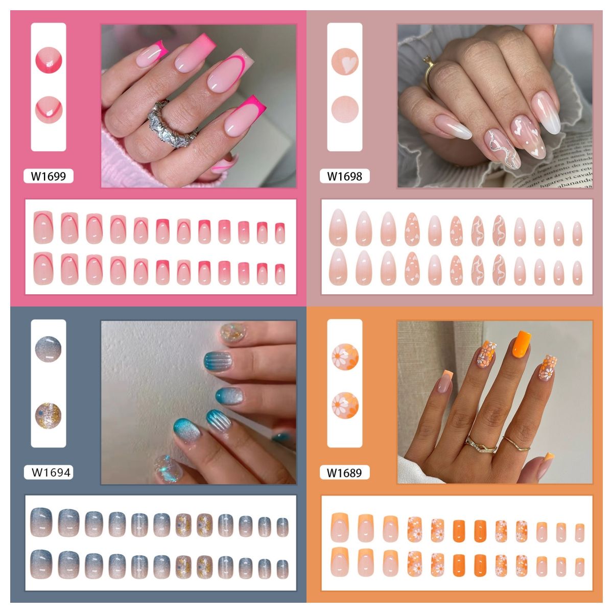 Ms.Miemie 24pcs Fake Nails Reusable Stick On Nails Press on Full Cover False Nail Tips with Jelly Stickers Makeup Accessorise