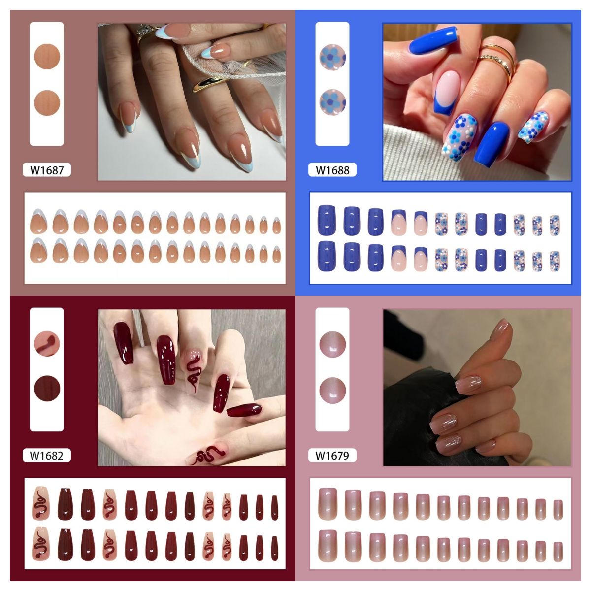 Ms.Miemie 24pcs Fake Nails Reusable Stick On Nails Press on Full Cover False Nail Tips with Jelly Stickers Makeup Accessorise