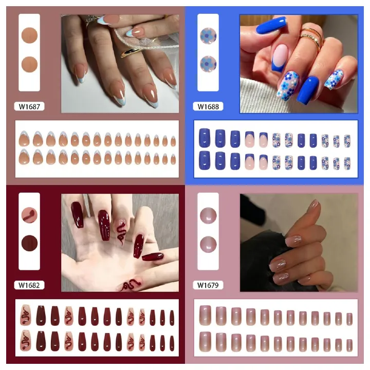 Ms.Miemie 24pcs Fake Nails Reusable Stick On Nails Press on Full Cover False Nail Tips with Jelly Stickers Makeup Accessorise