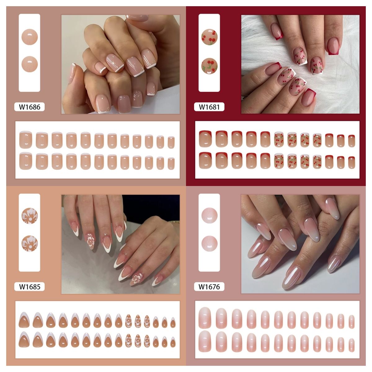 Ms.Miemie 24pcs Fake Nails Reusable Stick On Nails Press on Full Cover False Nail Tips with Jelly Stickers Makeup Accessorise