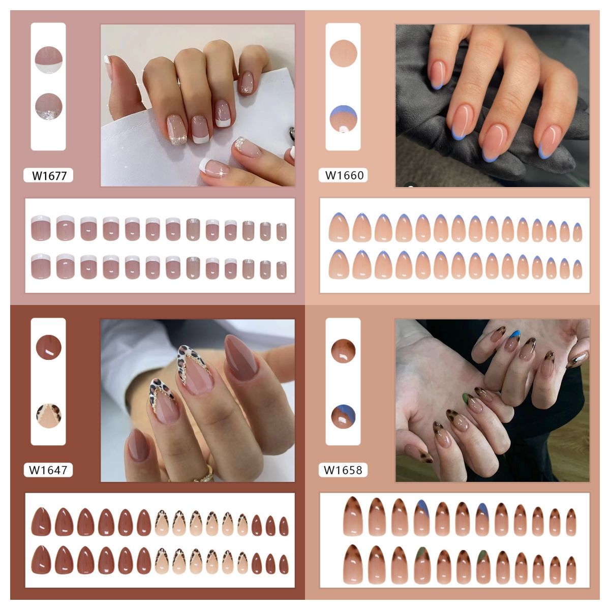 Ms.Miemie 24pcs Fake Nails Reusable Stick On Nails Press on Full Cover False Nail Tips with Jelly Stickers Makeup Accessorise