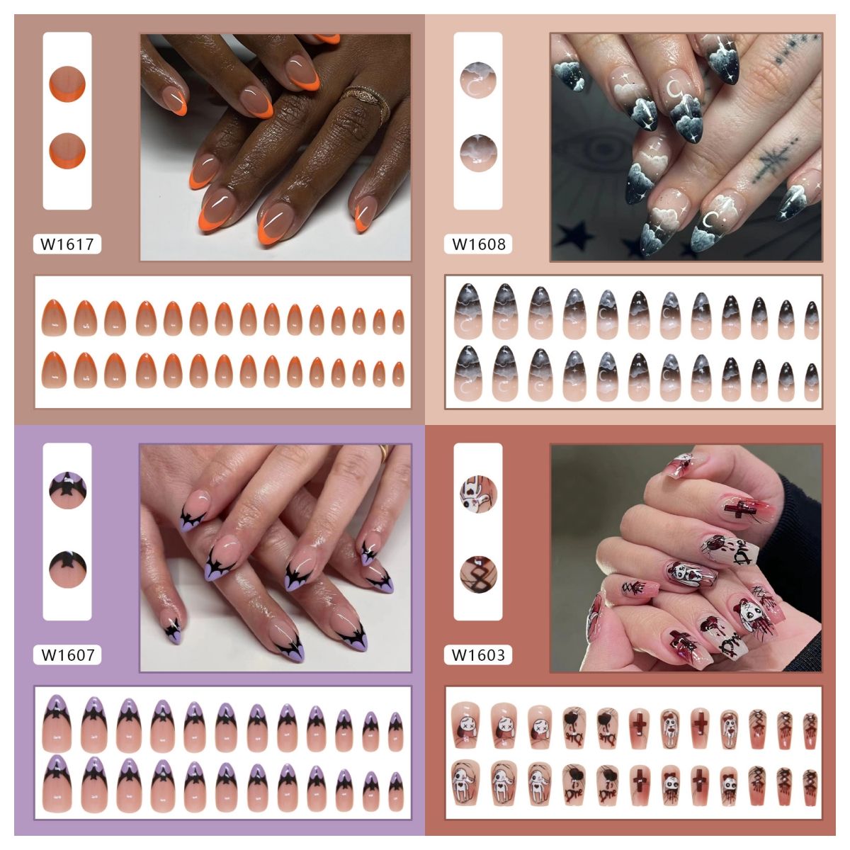 Ms.Miemie 24pcs Fake Nails Reusable Stick On Nails Press on Full Cover False Nail Tips with Jelly Stickers Makeup Accessorise