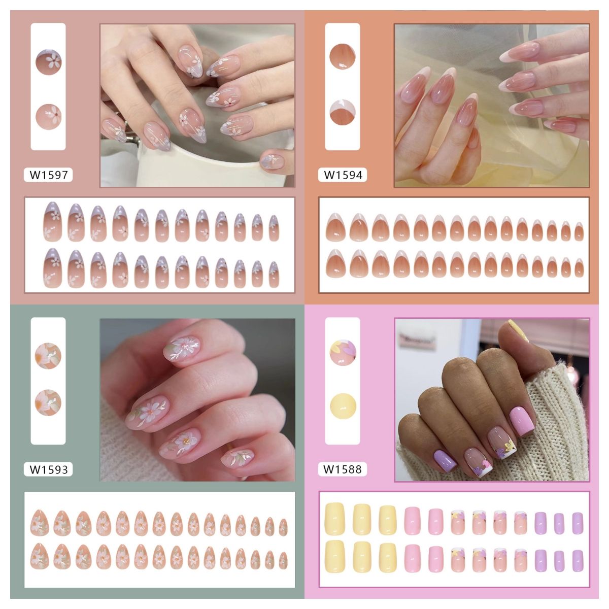 Ms.Miemie 24pcs Fake Nails Reusable Stick On Nails Press on Full Cover False Nail Tips with Jelly Stickers Makeup Accessorise