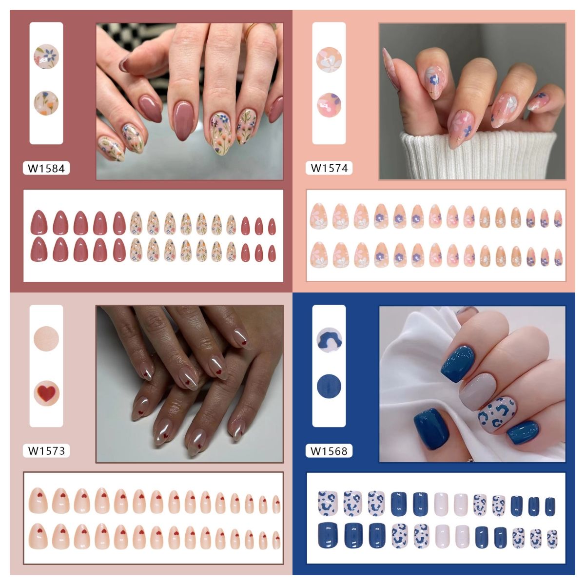 Ms.Miemie 24pcs Fake Nails Reusable Stick On Nails Press on Full Cover False Nail Tips with Jelly Stickers Makeup Accessorise