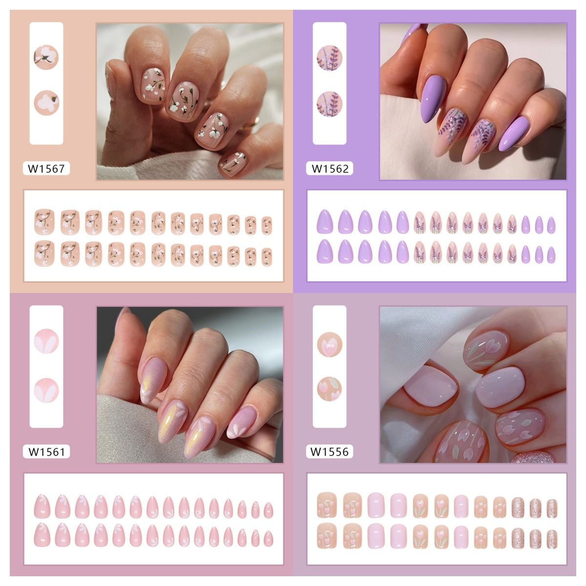 Ms.Miemie 24pcs Fake Nails Reusable Stick On Nails Press on Full Cover False Nail Tips with Jelly Stickers Makeup Accessorise