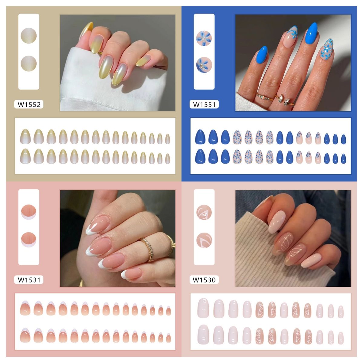 Ms.Miemie 24pcs Fake Nails Reusable Stick On Nails Press on Full Cover False Nail Tips with Jelly Stickers Makeup Accessorise