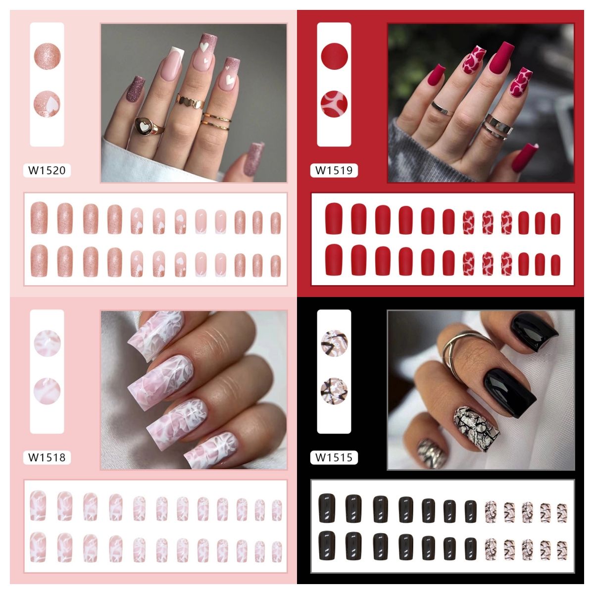 Ms.Miemie 24pcs Fake Nails Reusable Stick On Nails Press on Full Cover False Nail Tips with Jelly Stickers Makeup Accessorise
