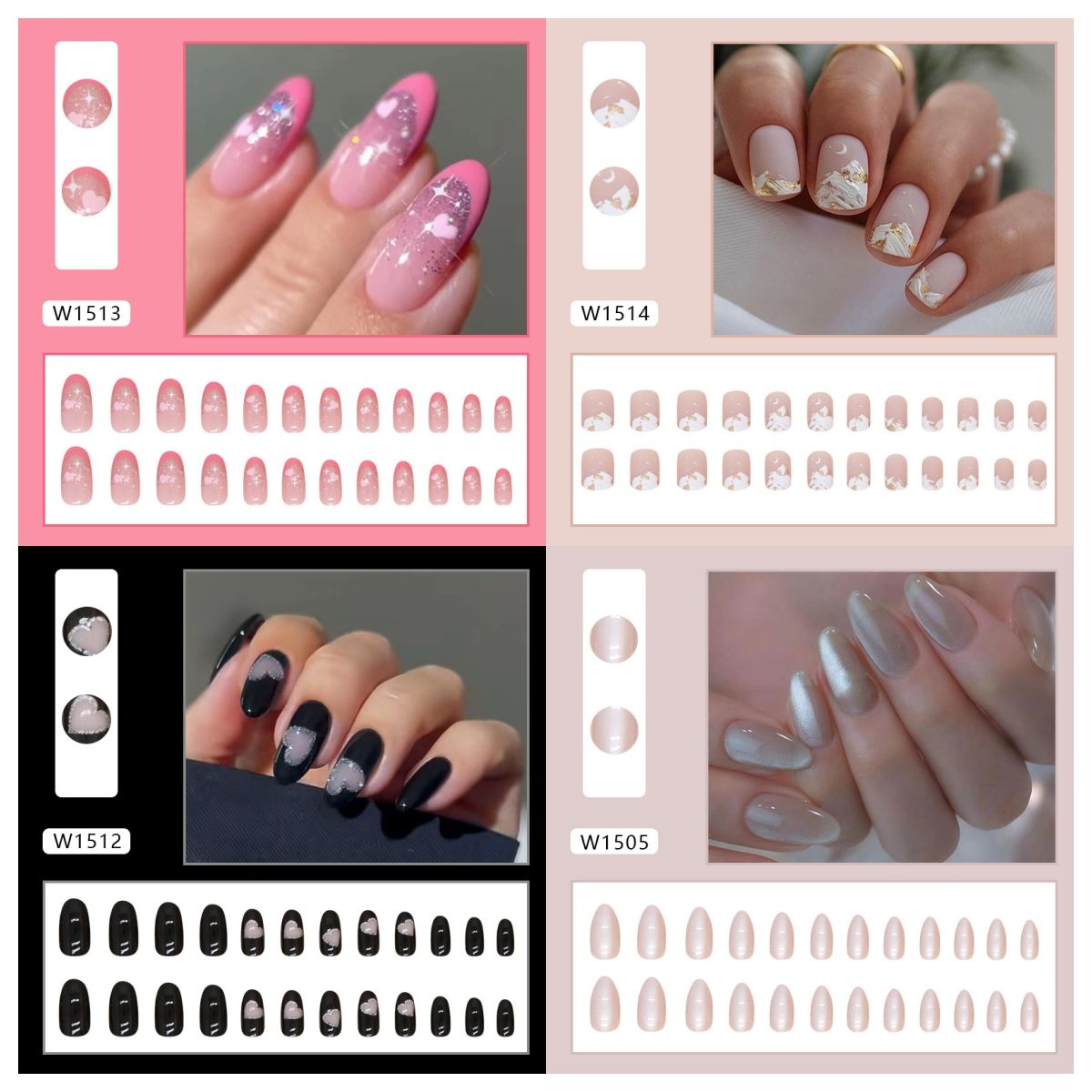 Ms.Miemie 24pcs Fake Nails Reusable Stick On Nails Press on Full Cover False Nail Tips with Jelly Stickers Makeup Accessorise