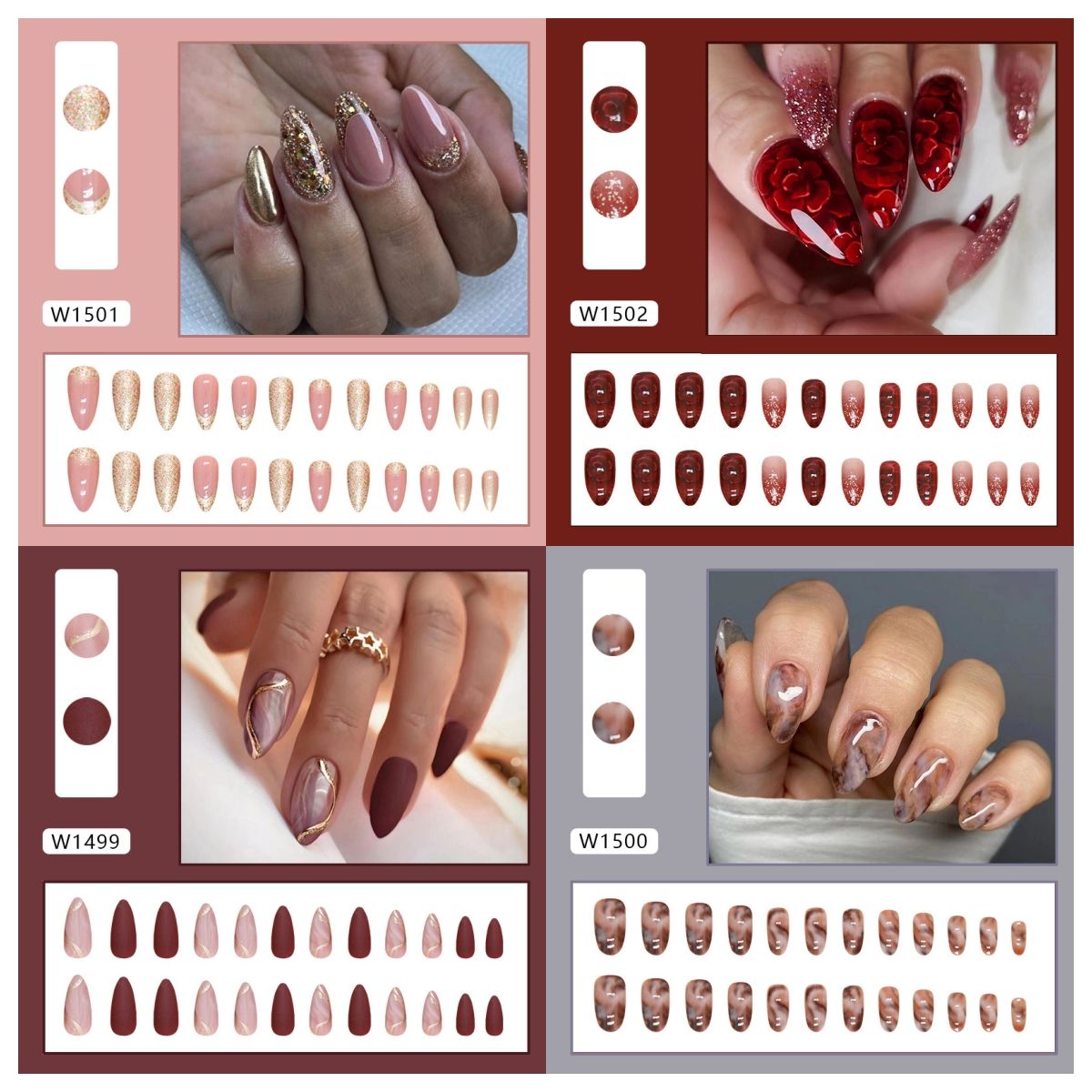 Ms.Miemie 24pcs Fake Nails Reusable Stick On Nails Press on Full Cover False Nail Tips with Jelly Stickers Makeup Accessorise