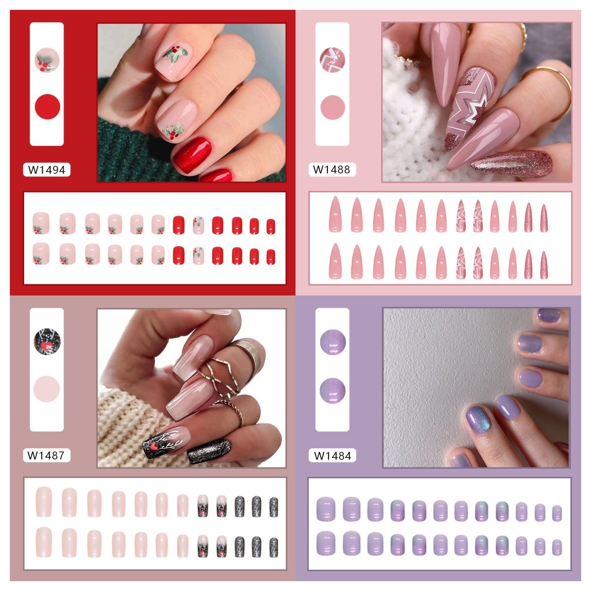 Ms.Miemie 24pcs Fake Nails Reusable Stick On Nails Press on Full Cover False Nail Tips with Jelly Stickers Makeup Accessorise