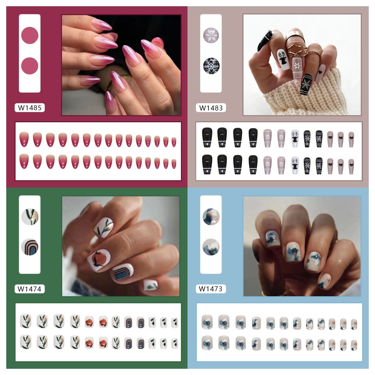 Ms.Miemie 24pcs Fake Nails Reusable Stick On Nails Press on Full Cover False Nail Tips with Jelly Stickers Makeup Accessorise
