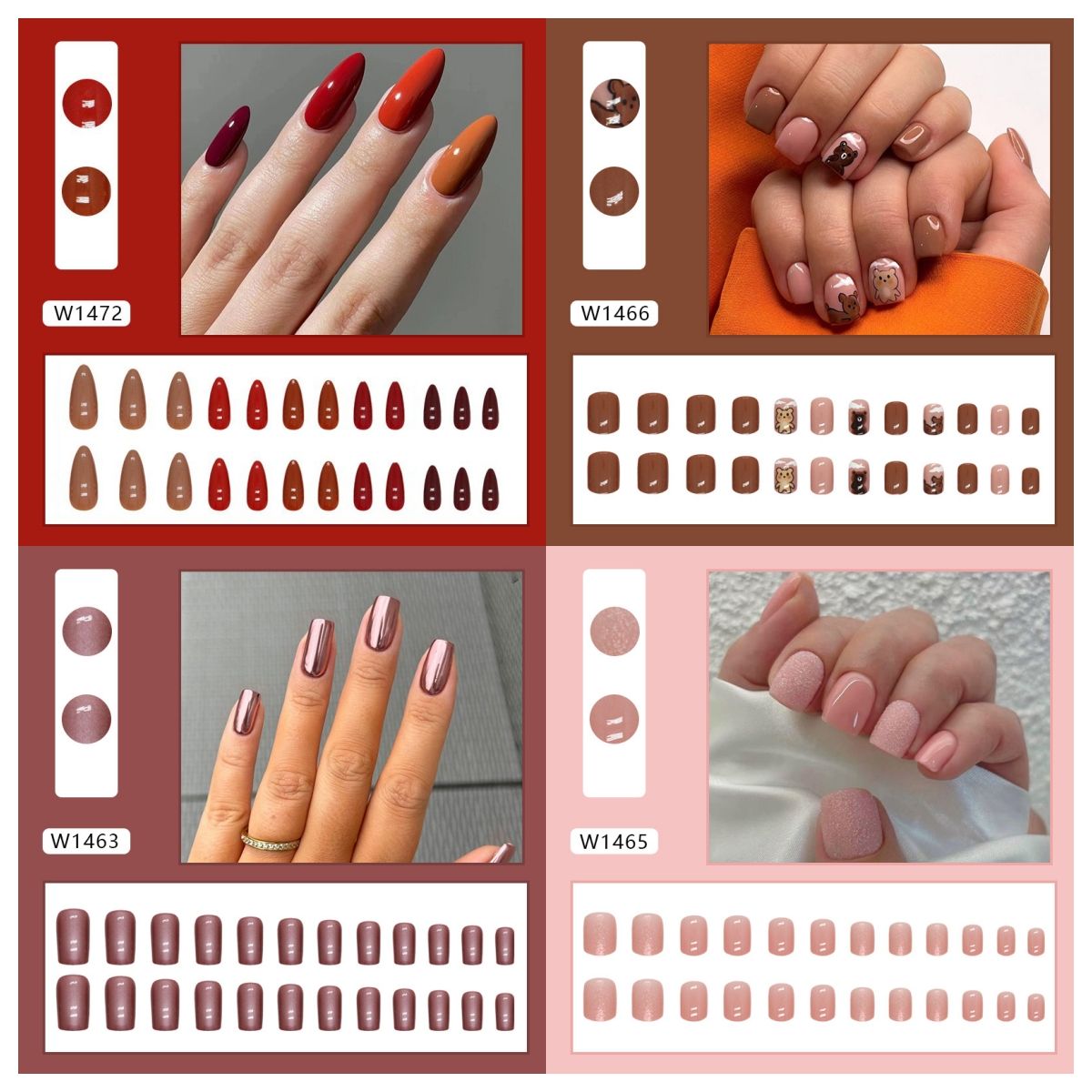 Ms.Miemie 24pcs Fake Nails Reusable Stick On Nails Press on Full Cover False Nail Tips with Jelly Stickers Makeup Accessorise