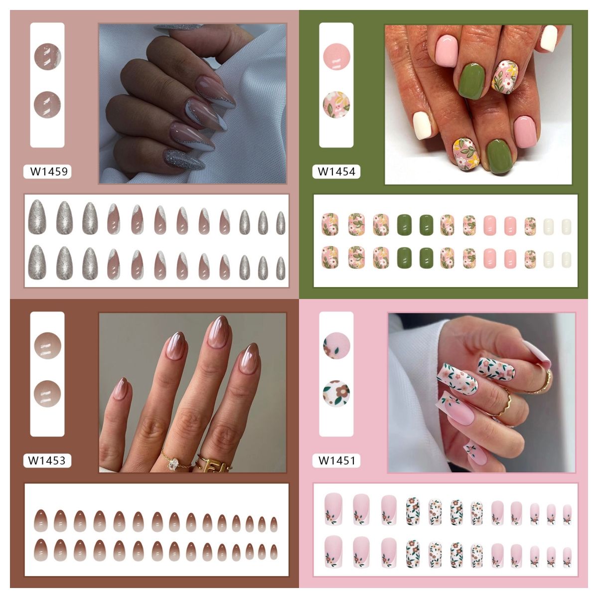 Ms.Miemie 24pcs Fake Nails Reusable Stick On Nails Press on Full Cover False Nail Tips with Jelly Stickers Makeup Accessorise