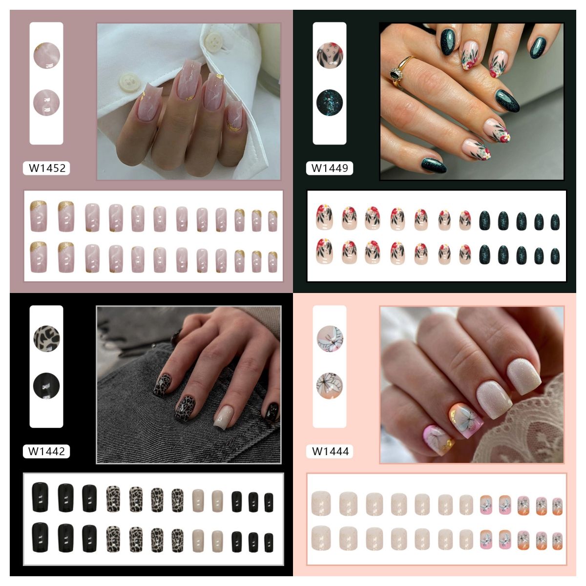 Ms.Miemie 24pcs Fake Nails Reusable Stick On Nails Press on Full Cover False Nail Tips with Jelly Stickers Makeup Accessorise