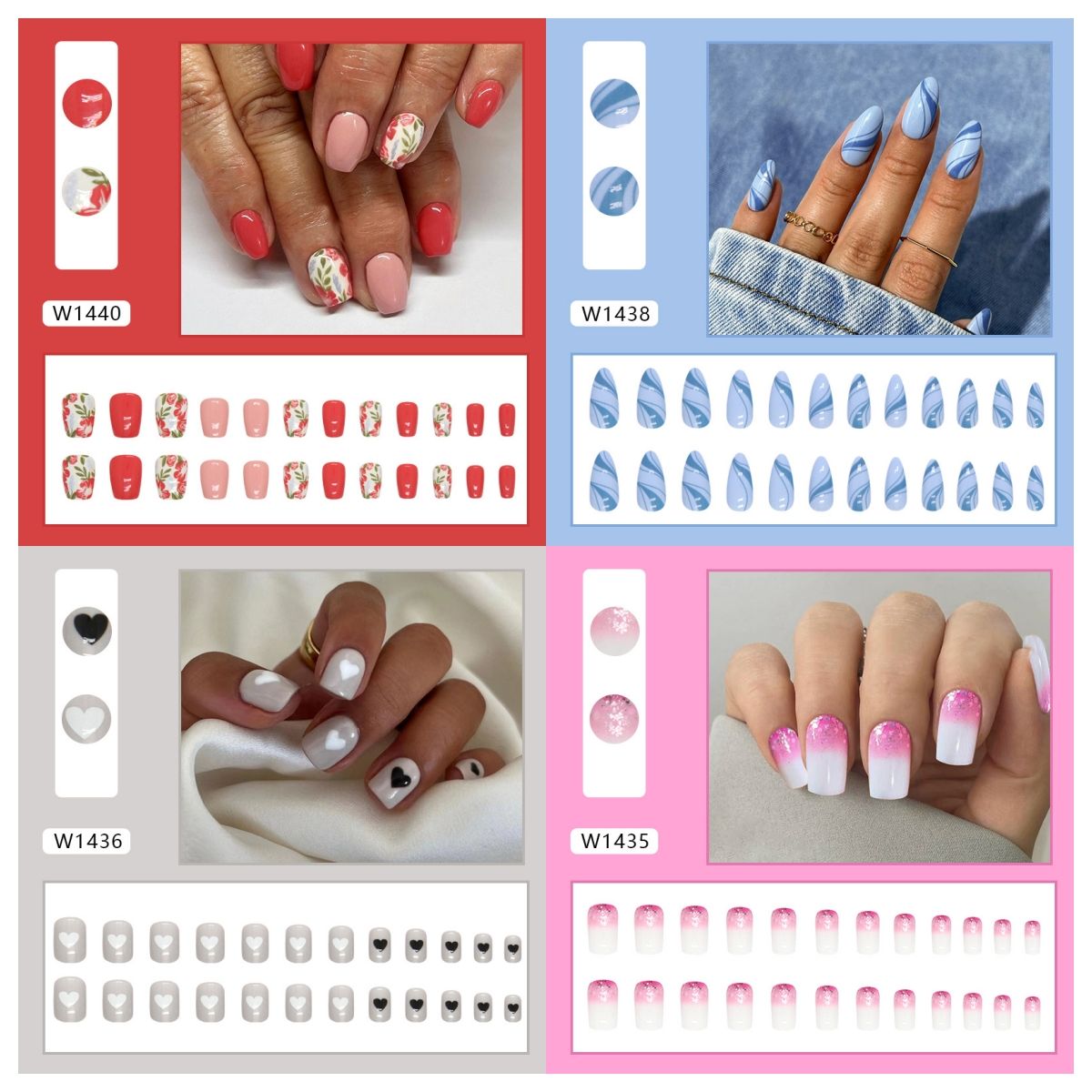 Ms.Miemie 24pcs Fake Nails Reusable Stick On Nails Press on Full Cover False Nail Tips with Jelly Stickers Makeup Accessorise