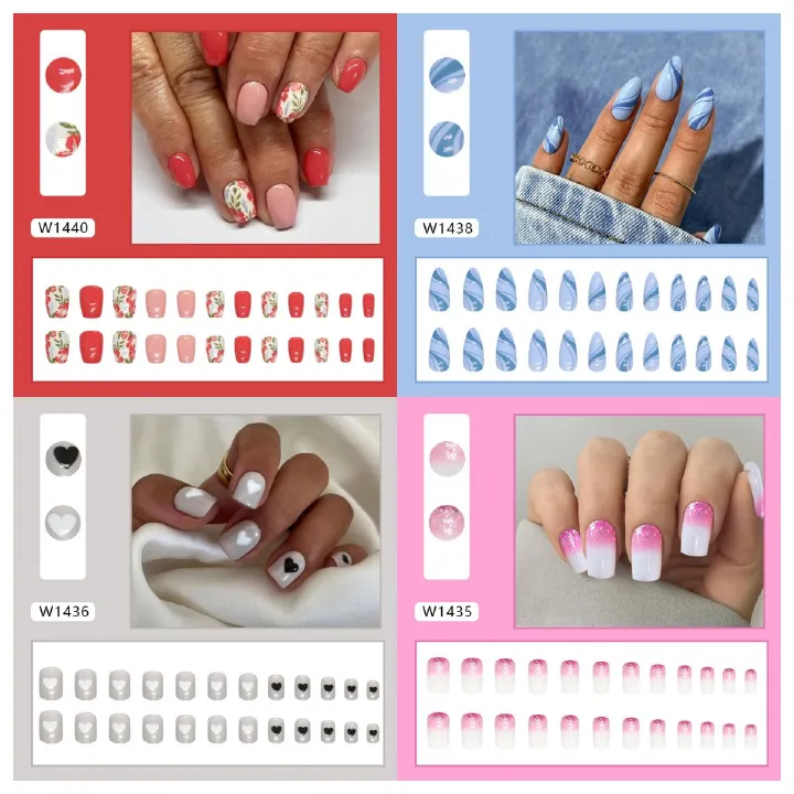 Ms.Miemie 24pcs Fake Nails Reusable Stick On Nails Press on Full Cover False Nail Tips with Jelly Stickers Makeup Accessorise