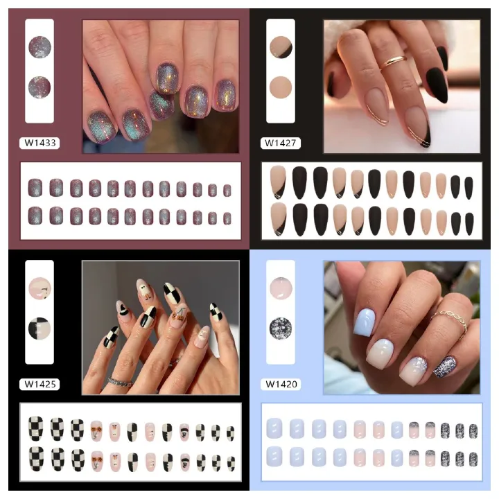 Ms.Miemie 24pcs Fake Nails Reusable Stick On Nails Press on Full Cover False Nail Tips with Jelly Stickers Makeup Accessorise