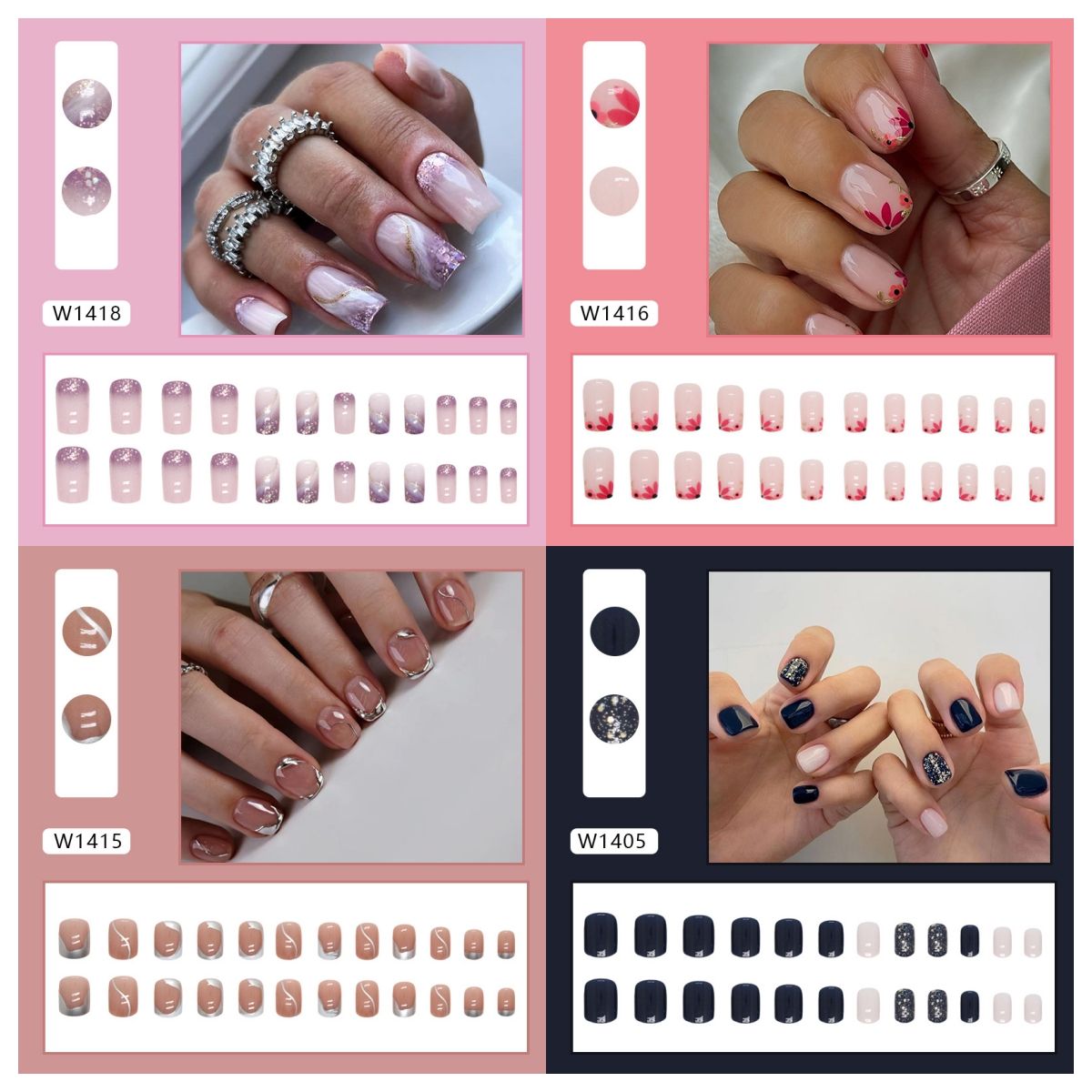 Ms.Miemie 24pcs Fake Nails Reusable Stick On Nails Press on Full Cover False Nail Tips with Jelly Stickers Makeup Accessorise