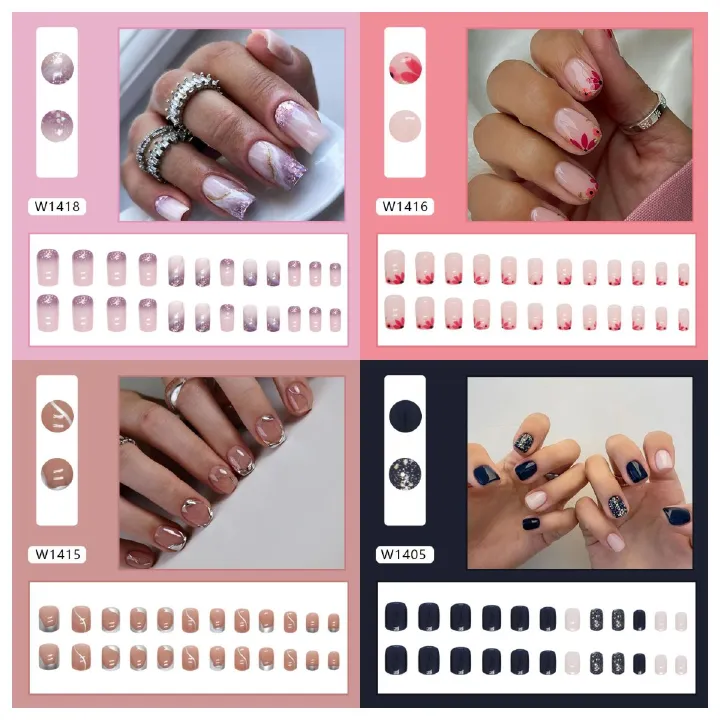 Ms.Miemie 24pcs Fake Nails Reusable Stick On Nails Press on Full Cover False Nail Tips with Jelly Stickers Makeup Accessorise