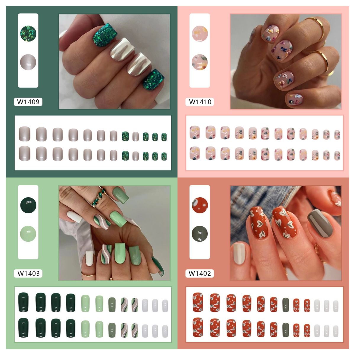 Ms.Miemie 24pcs Fake Nails Reusable Stick On Nails Press on Full Cover False Nail Tips with Jelly Stickers Makeup Accessorise