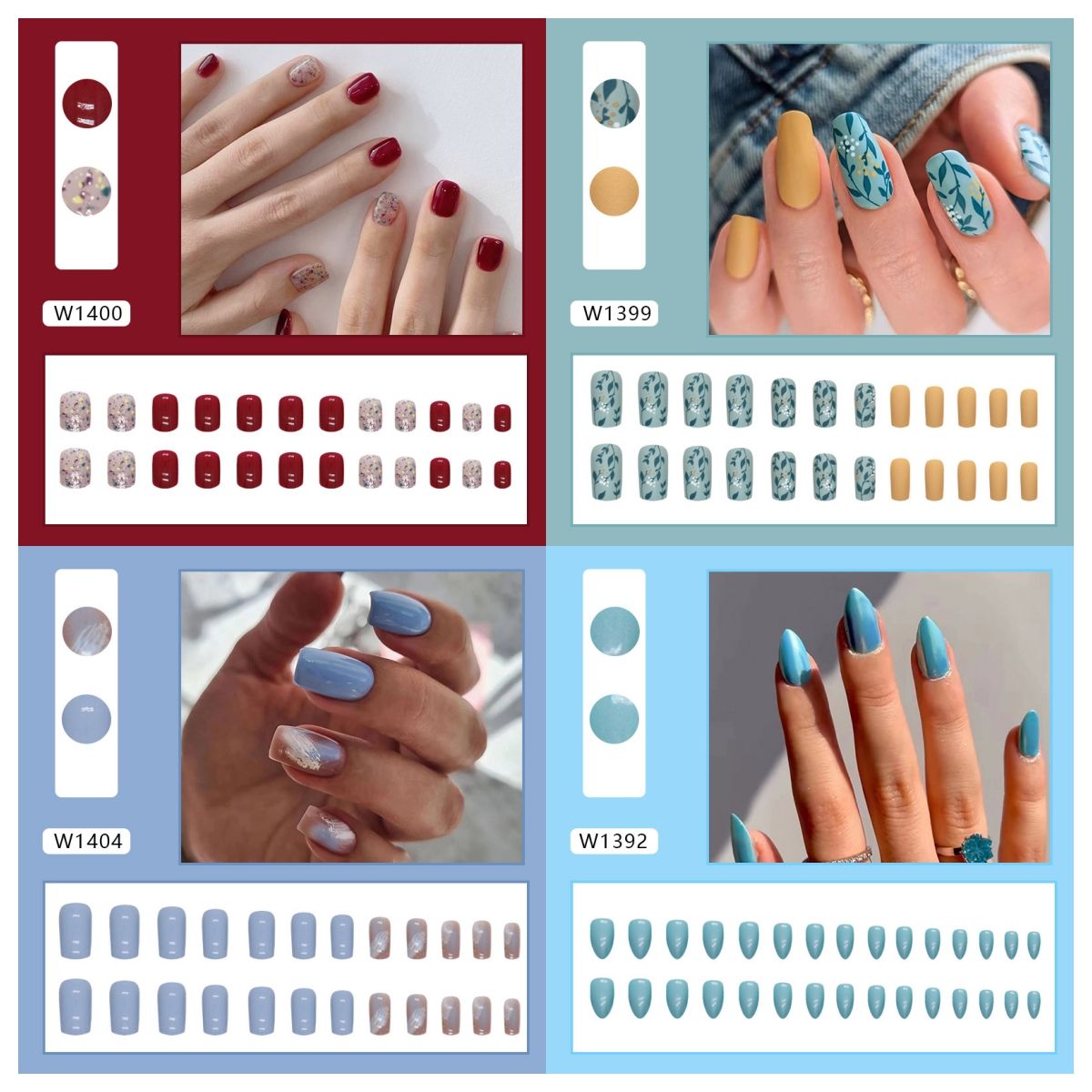 Ms.Miemie 24pcs Fake Nails Reusable Stick On Nails Press on Full Cover False Nail Tips with Jelly Stickers Makeup Accessorise