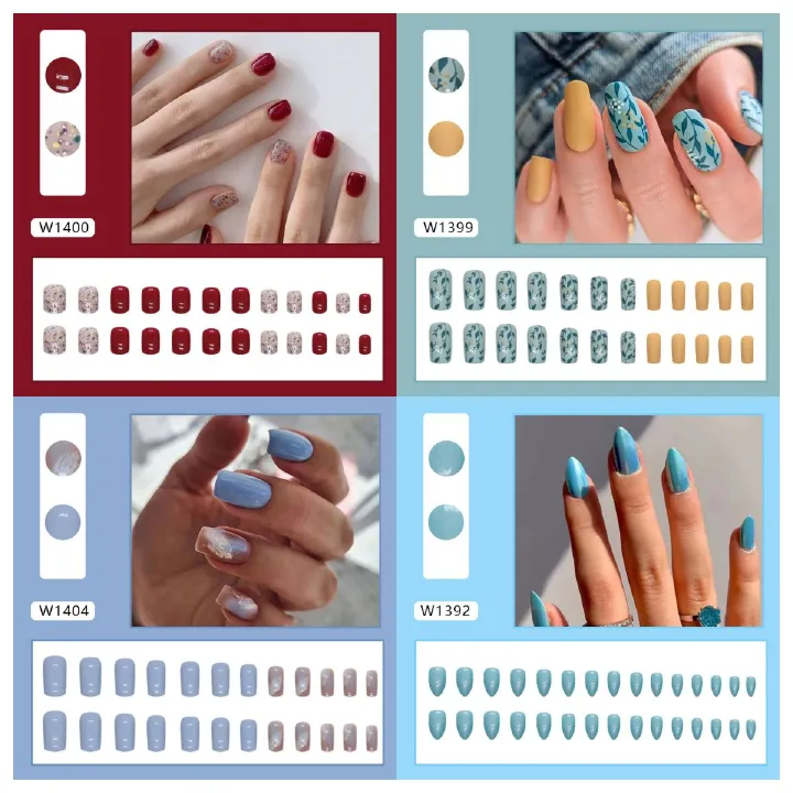Ms.Miemie 24pcs Fake Nails Reusable Stick On Nails Press on Full Cover False Nail Tips with Jelly Stickers Makeup Accessorise