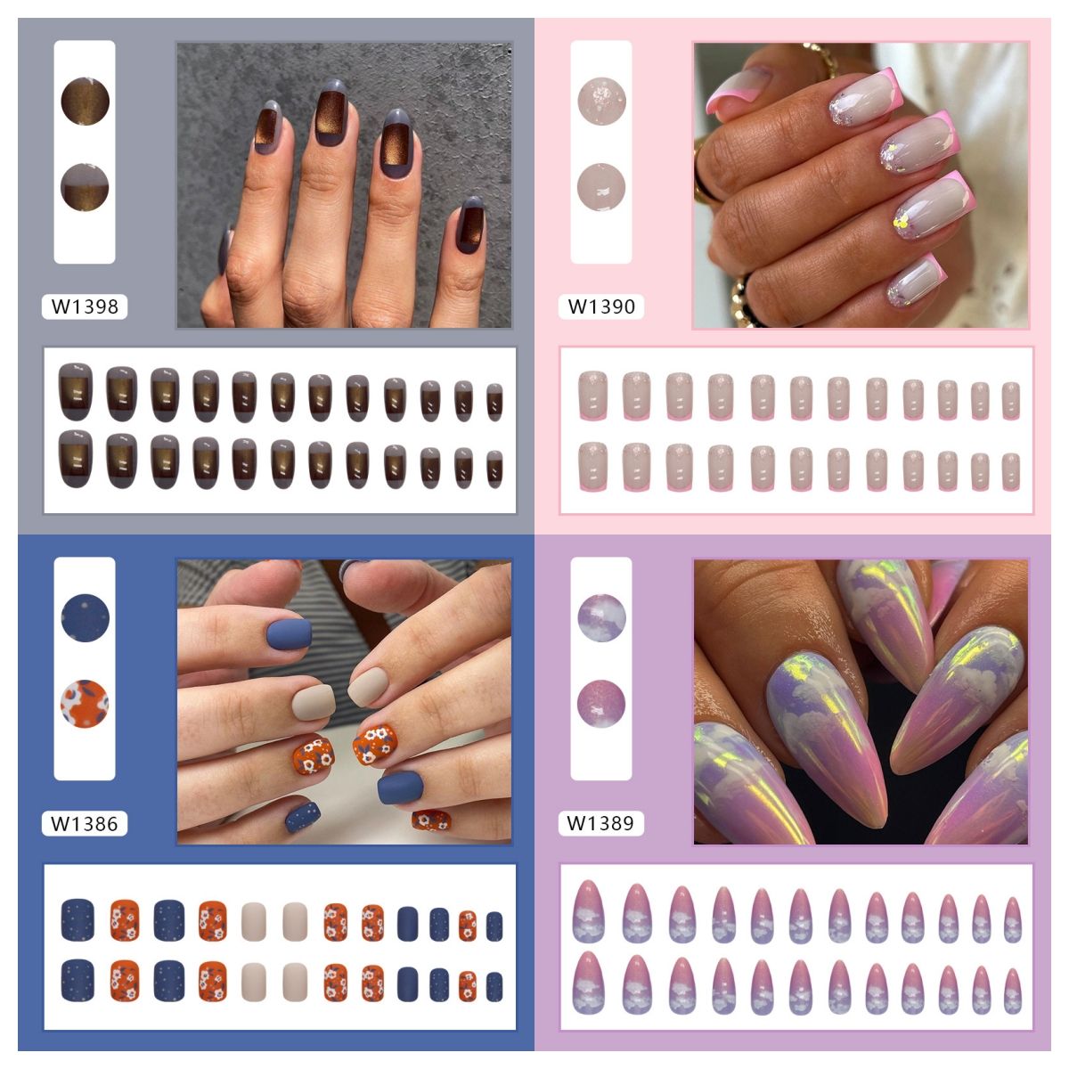 Ms.Miemie 24pcs Fake Nails Reusable Stick On Nails Press on Full Cover False Nail Tips with Jelly Stickers Makeup Accessorise