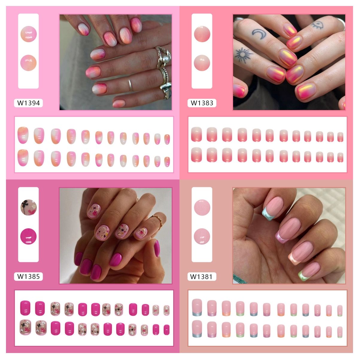 Ms.Miemie 24pcs Fake Nails Reusable Stick On Nails Press on Full Cover False Nail Tips with Jelly Stickers Makeup Accessorise